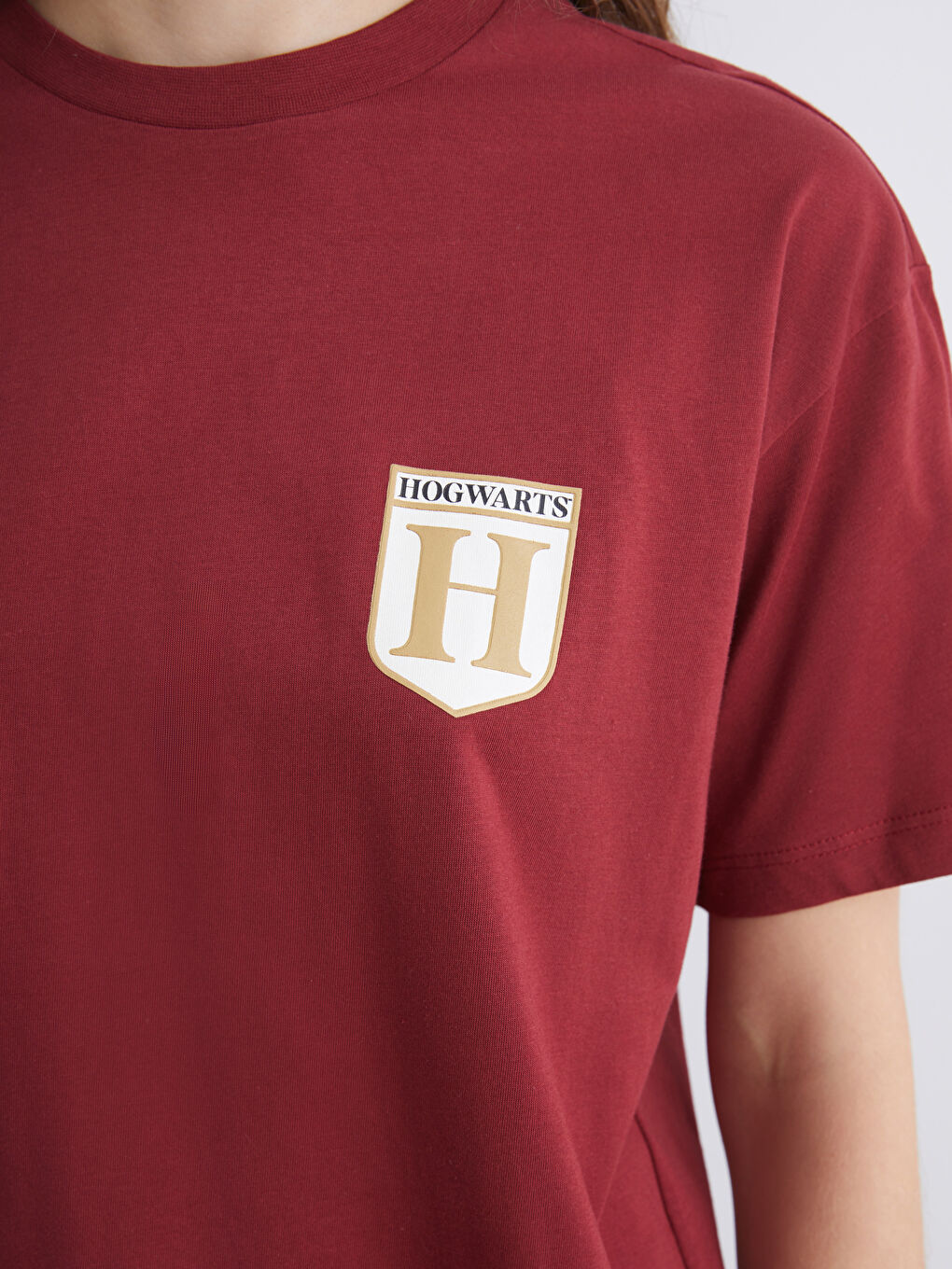 Bordo Bisiklet Yaka Harry Potter Baskılı Kadın Tişört-3