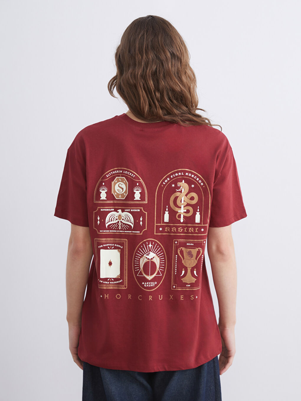 Bordo Bisiklet Yaka Harry Potter Baskılı Kadın Tişört-4