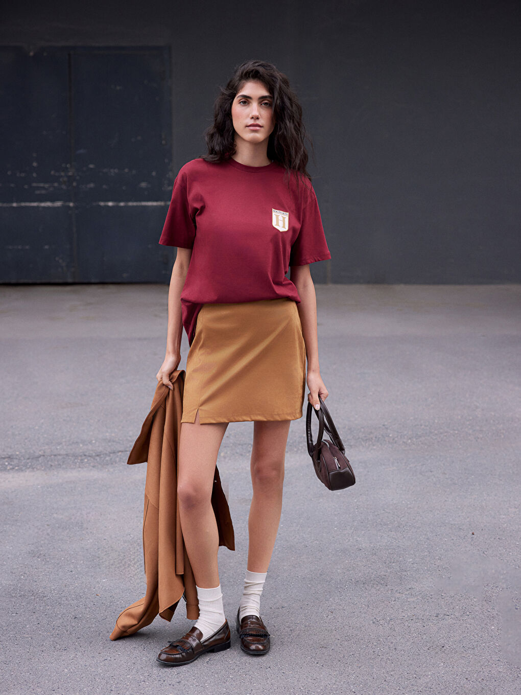 Bordo Bisiklet Yaka Harry Potter Baskılı Kadın Tişört