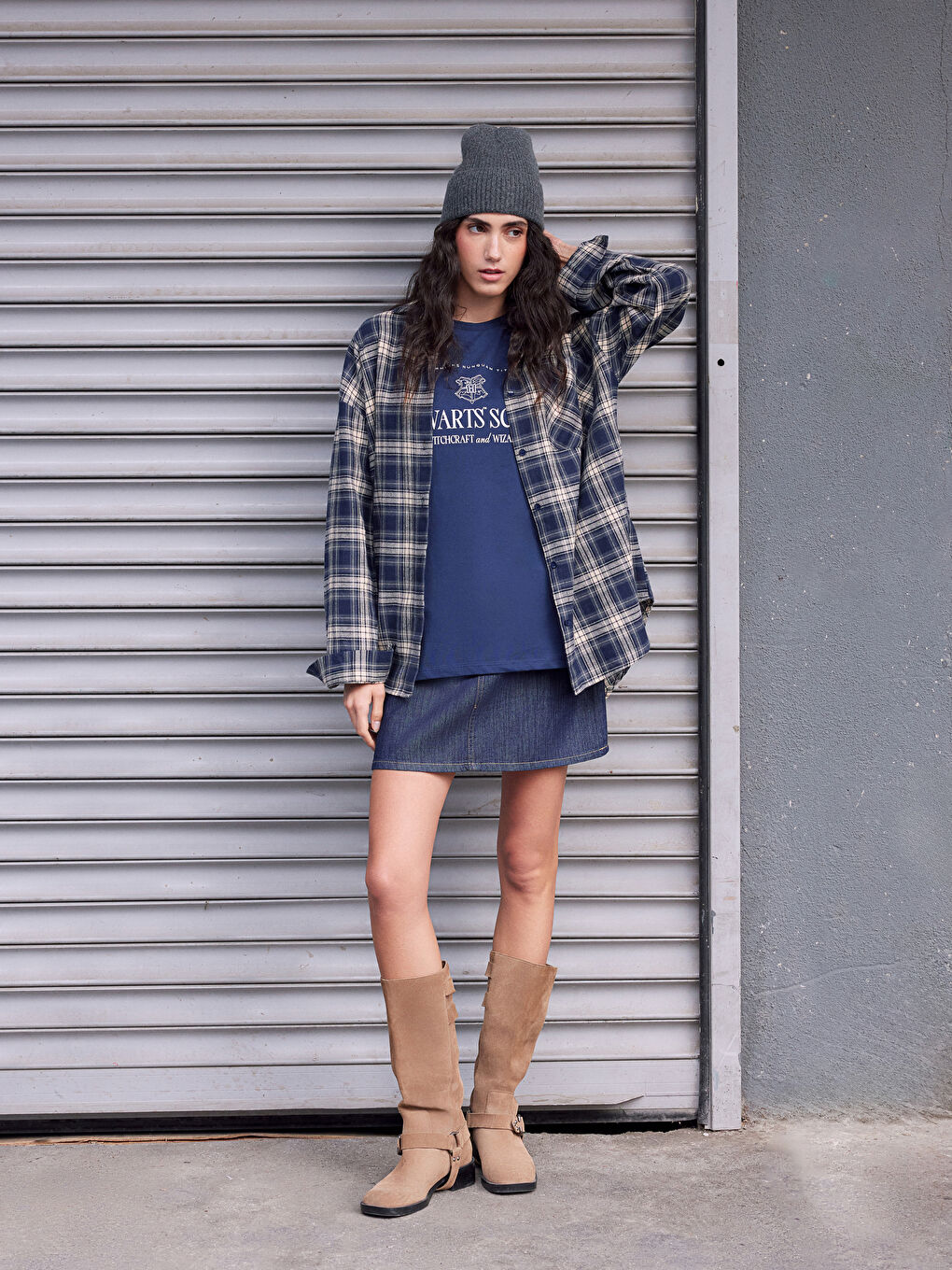 Lacivert Bisiklet Yaka Harry Potter Baskılı Kadın Tişört