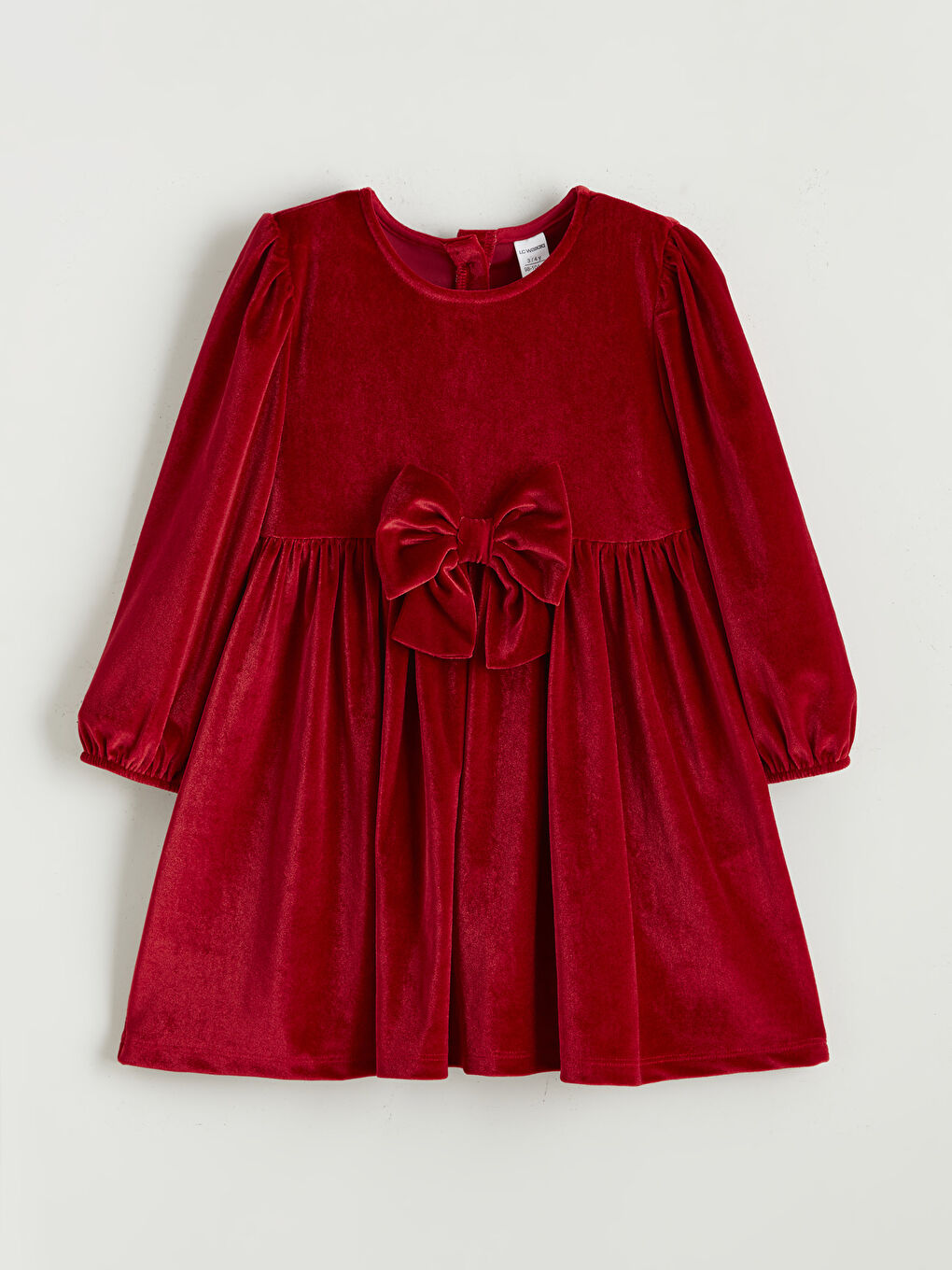 Kırmızı Fiyonk Detaylı Kadife Kız Çocuk Elbise