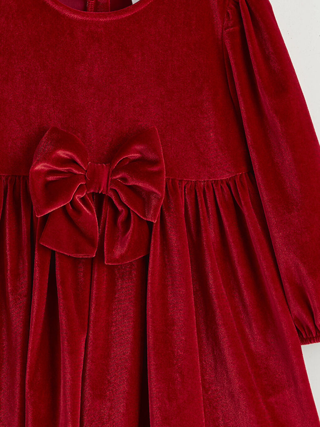 Kırmızı Fiyonk Detaylı Kadife Kız Çocuk Elbise-2