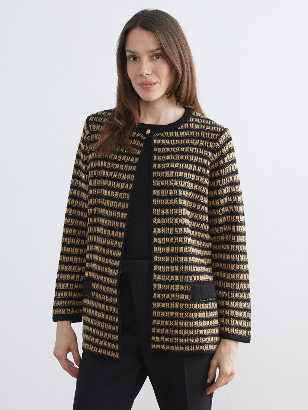 Crew Neck Striped Women's Knitwear Cardigan