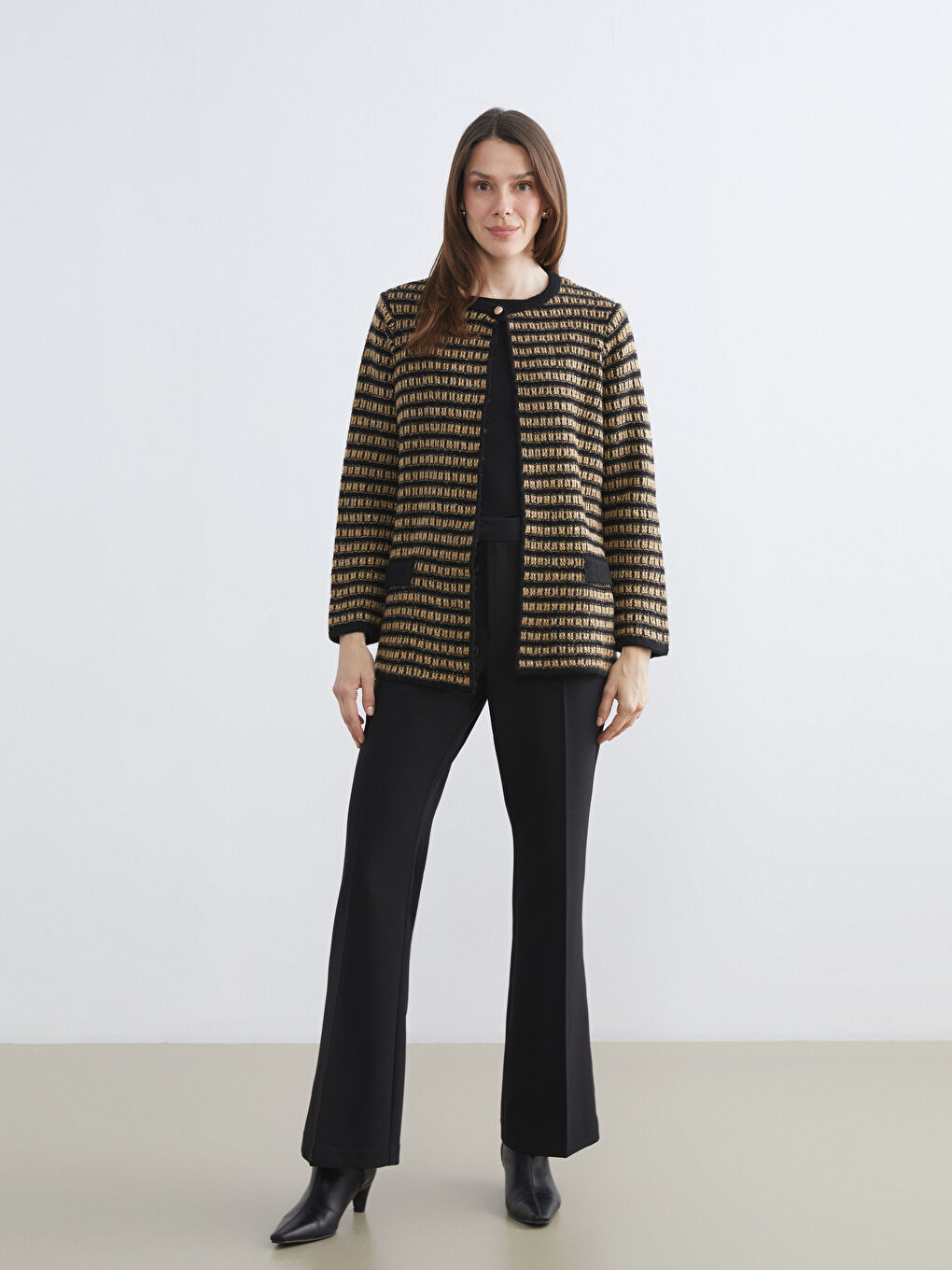 Crew Neck Striped Women's Knitwear Cardigan-1