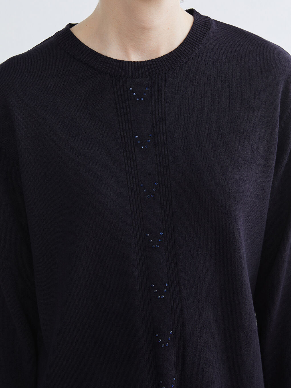 Lacivert Bisiklet Yaka Taşlı Kadın Triko Kazak-2