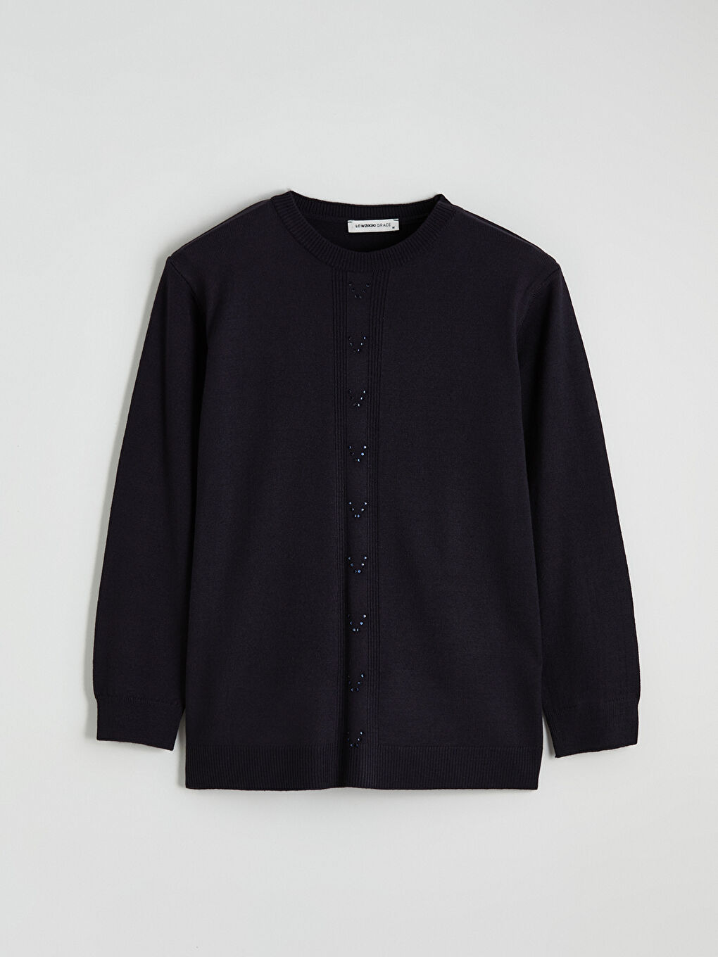 Lacivert Bisiklet Yaka Taşlı Kadın Triko Kazak-4