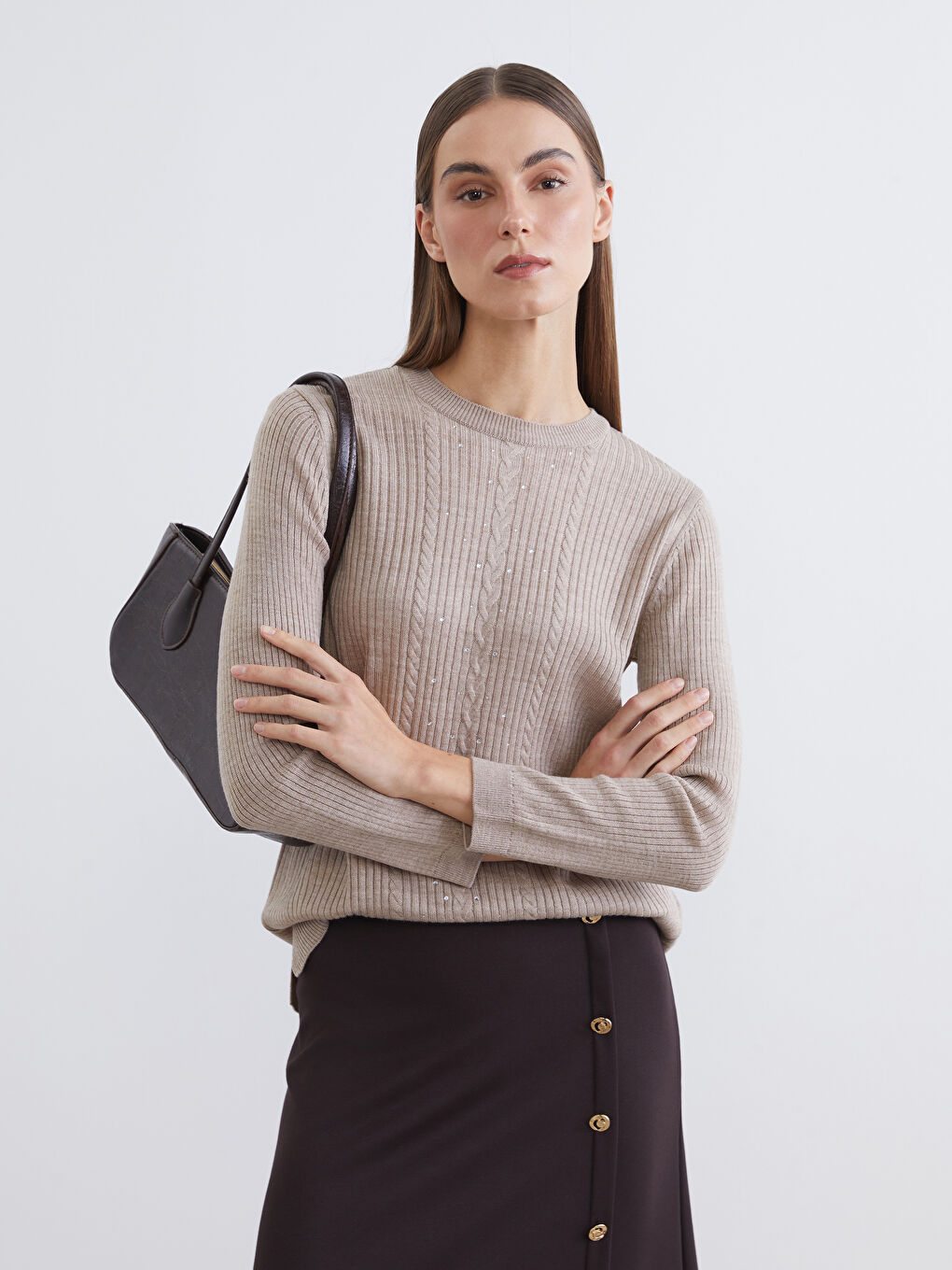 Crew Neck Self-Patterned Women's Knitwear Sweater