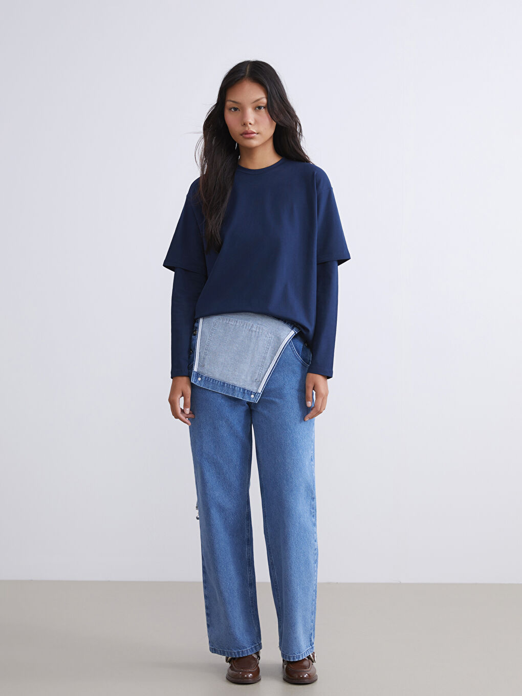 Lacivert Bisiklet Yaka Kadın Tişört-4