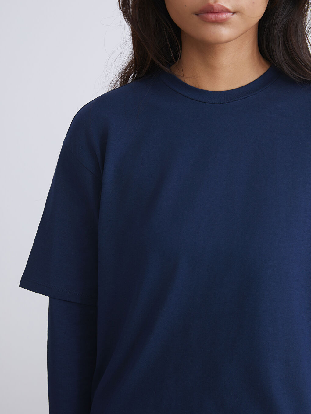 Lacivert Bisiklet Yaka Kadın Tişört-6