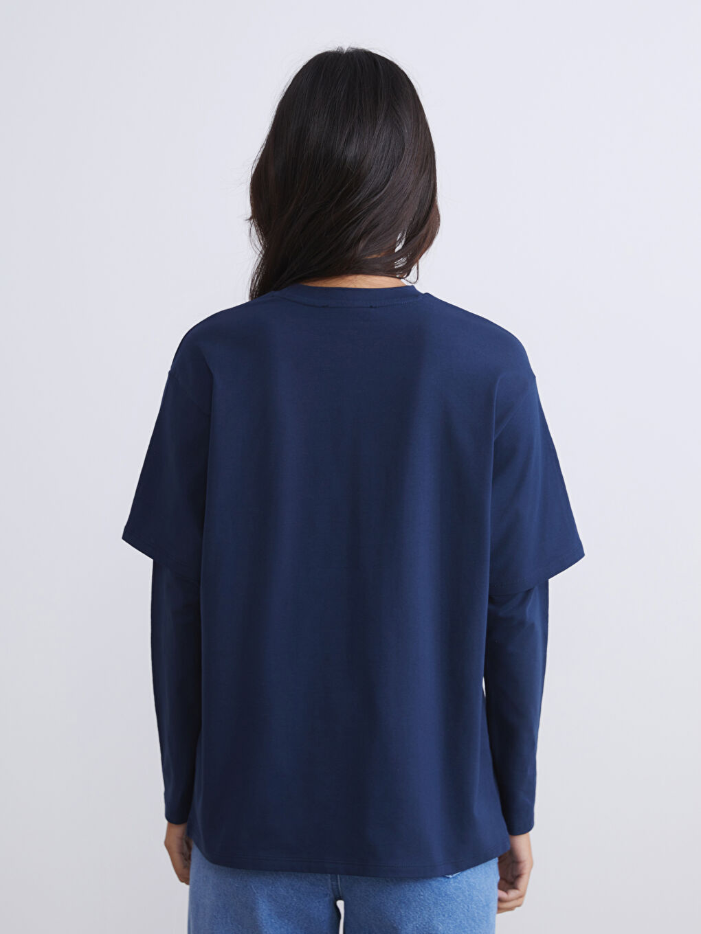 Lacivert Bisiklet Yaka Kadın Tişört-8