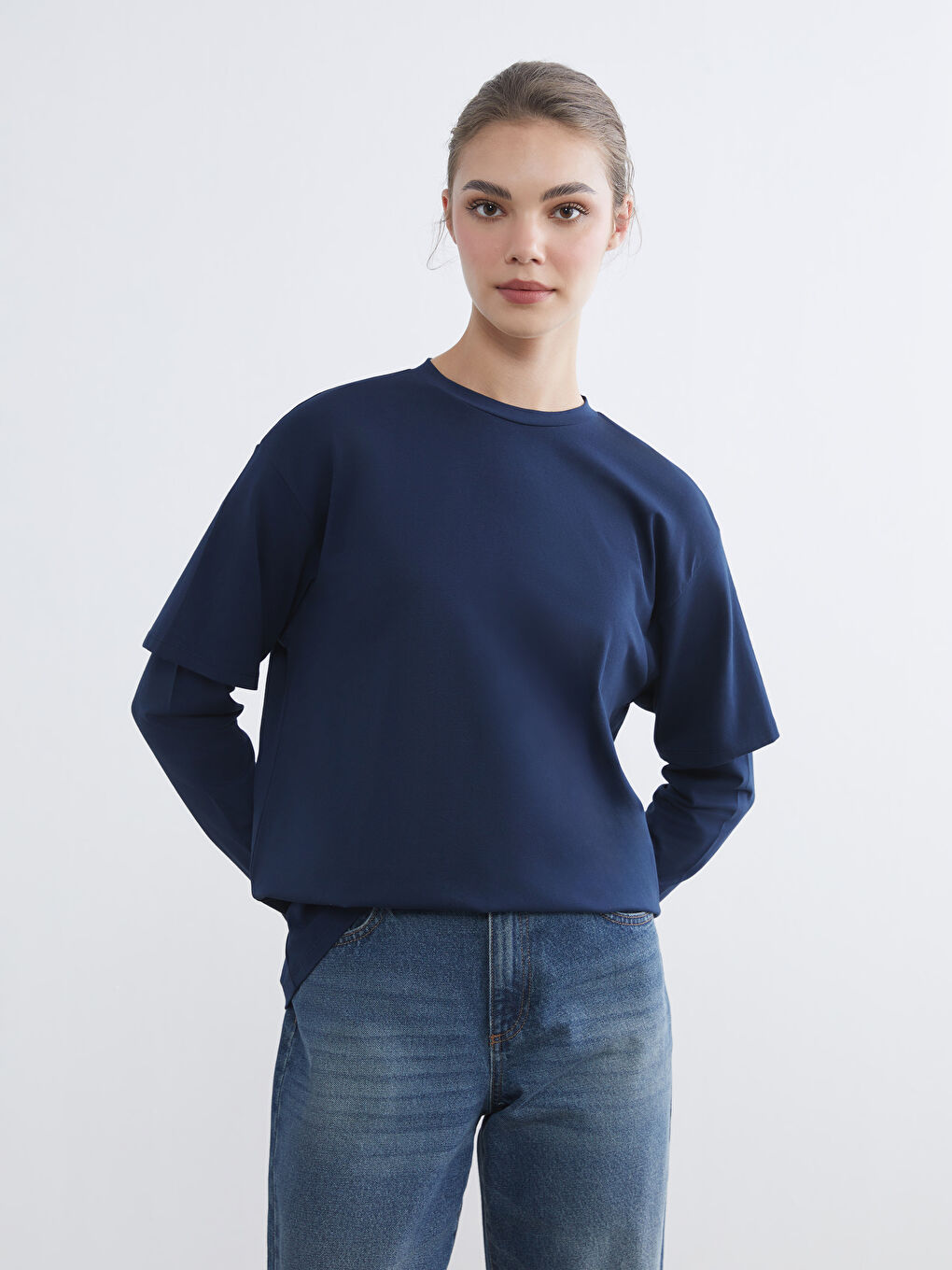 Lacivert Bisiklet Yaka Kadın Tişört-2