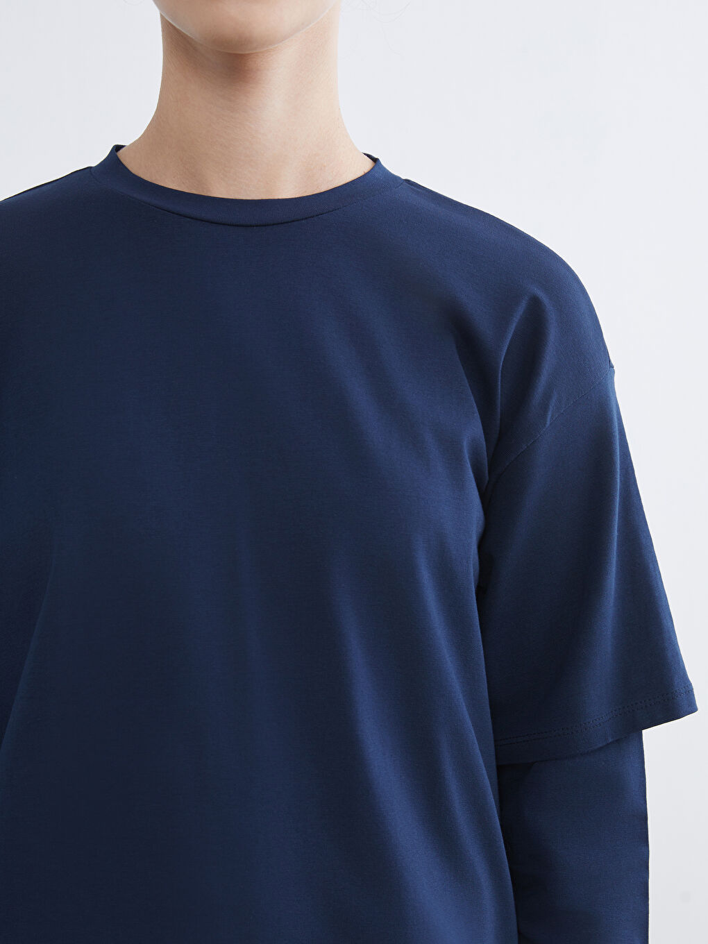 Lacivert Bisiklet Yaka Kadın Tişört-5