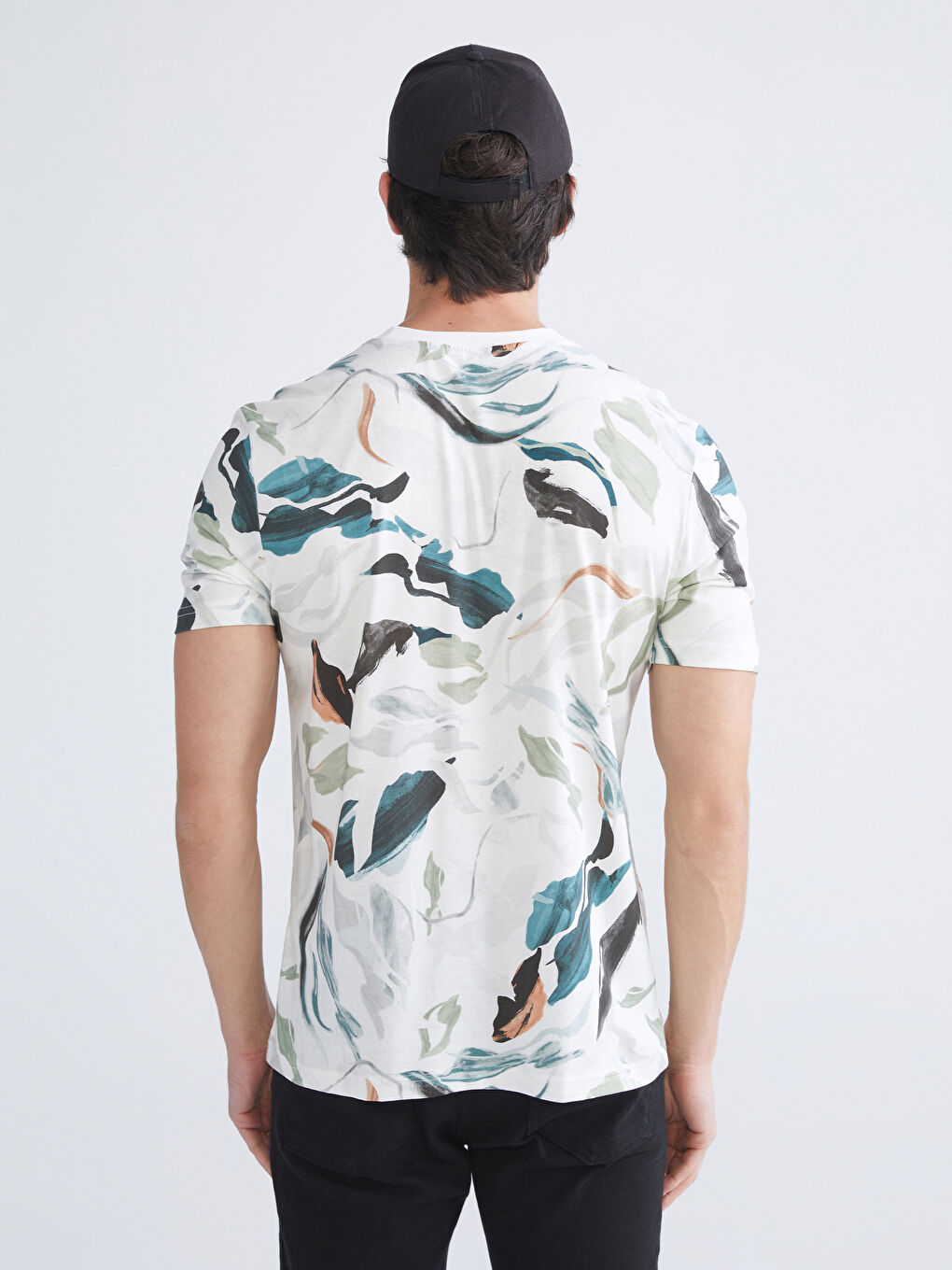 Ekru Bisiklet Yaka Baskılı Penye Erkek Tişört-3