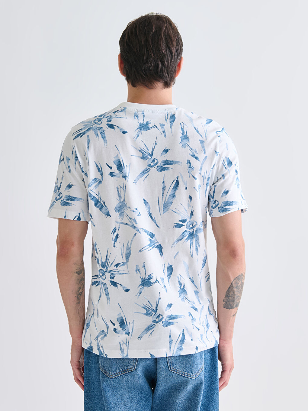 Ekru Bisiklet Yaka Baskılı Penye Erkek Tişört-3