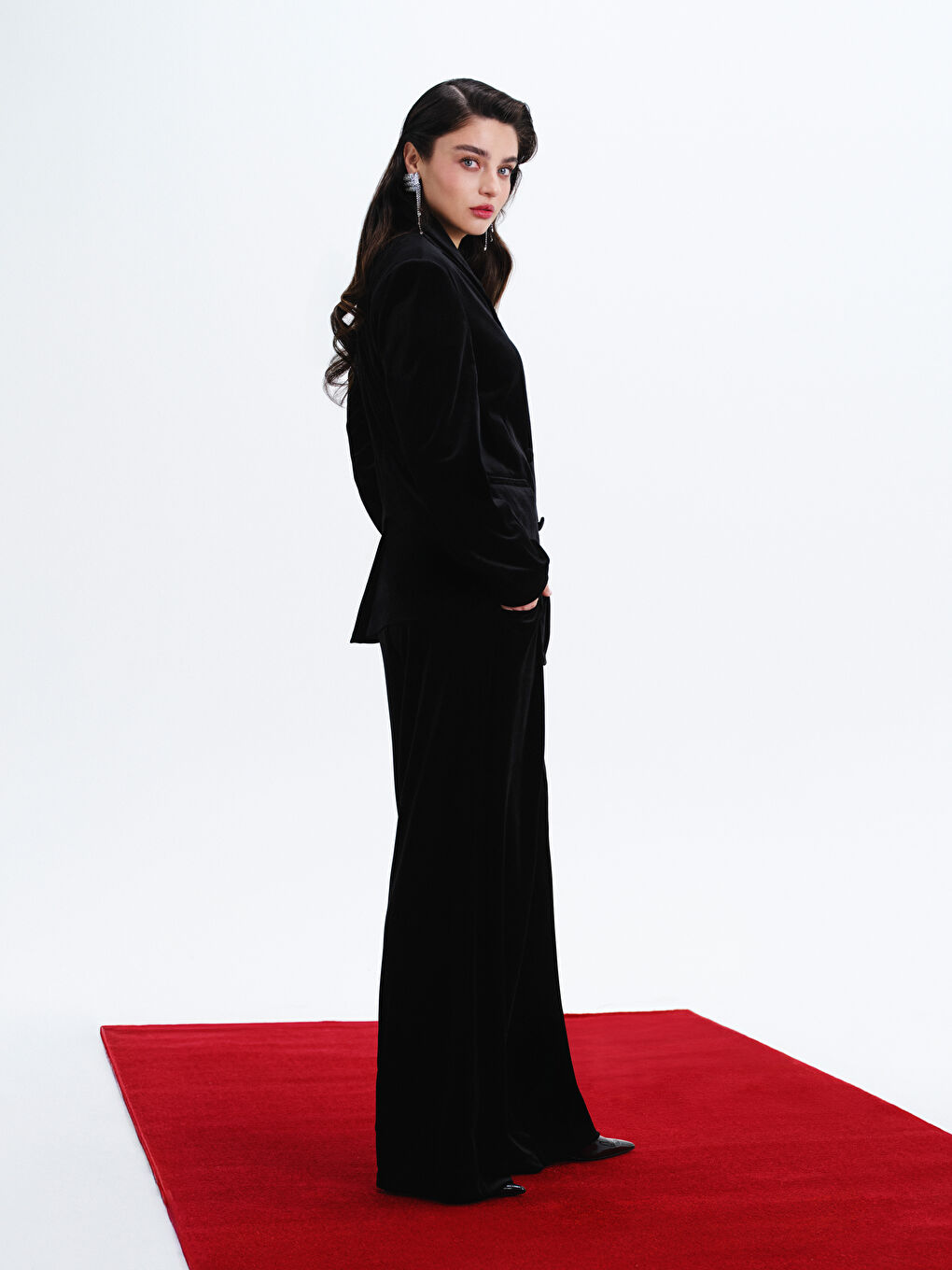 Siyah Geniş Paça Kadın Kadife Pantolon-1