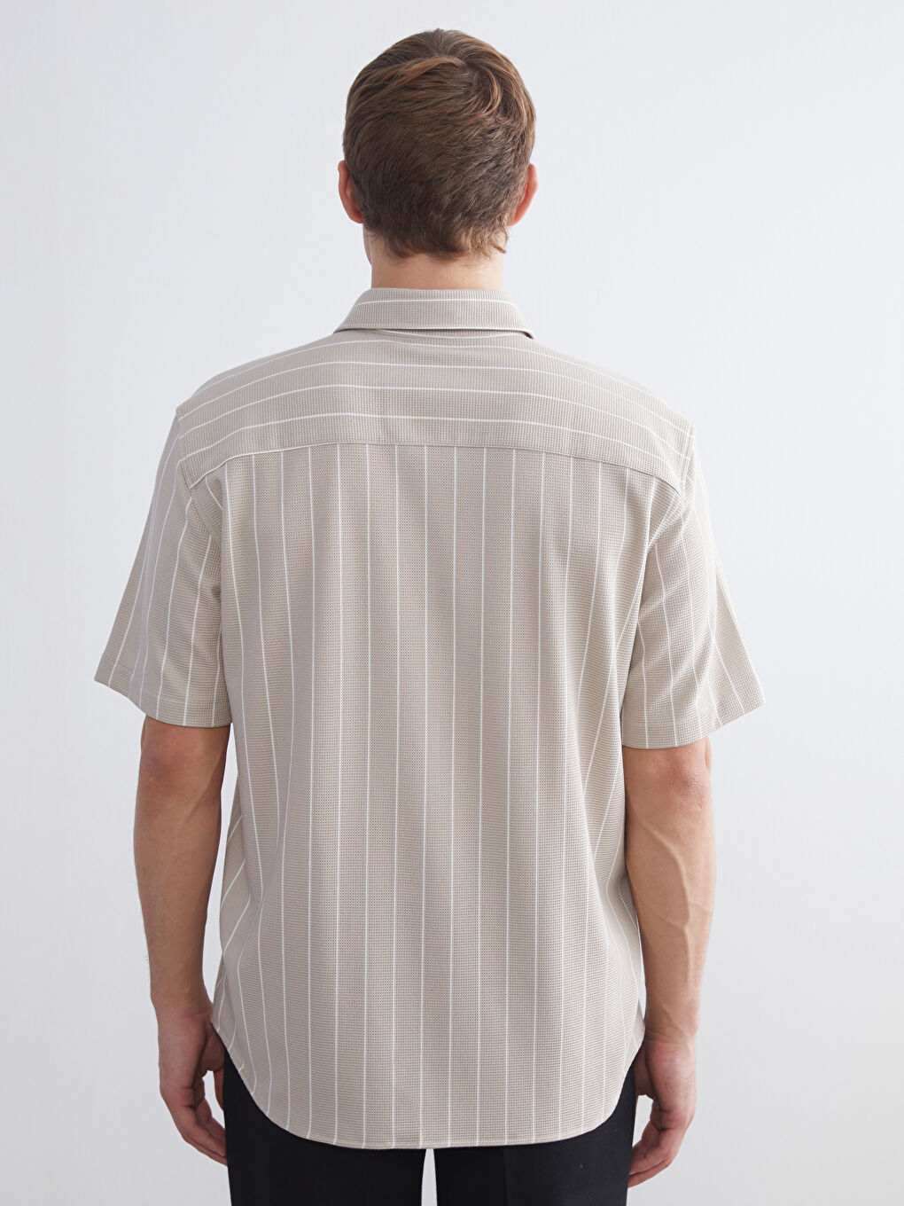Bej Regular Fit Kısa Kollu Çizgili Erkek Gömlek-6