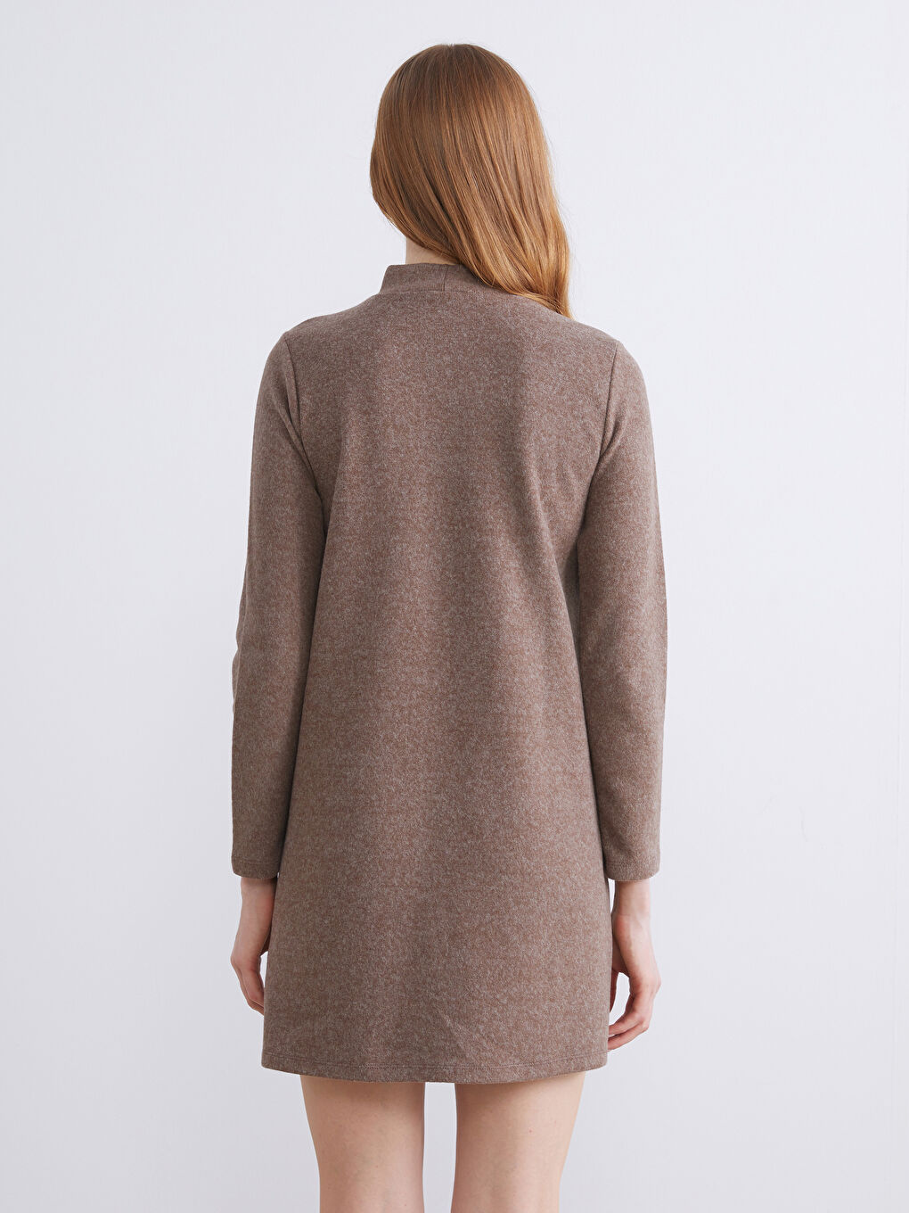 Kahverengi Yarım Balıkçı Yaka Mini Elbise-4