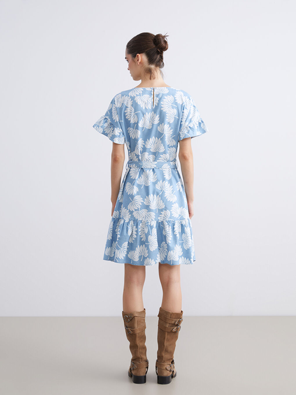 İndigo Bisiklet yaka Çiçekli Fırfırlı Jean Elbise-4