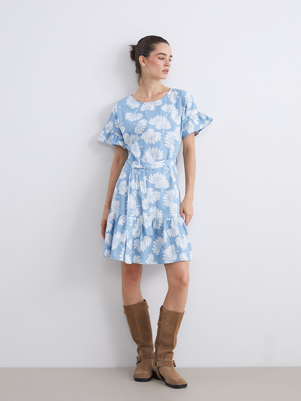 İndigo Bisiklet yaka Çiçekli Fırfırlı Jean Elbise