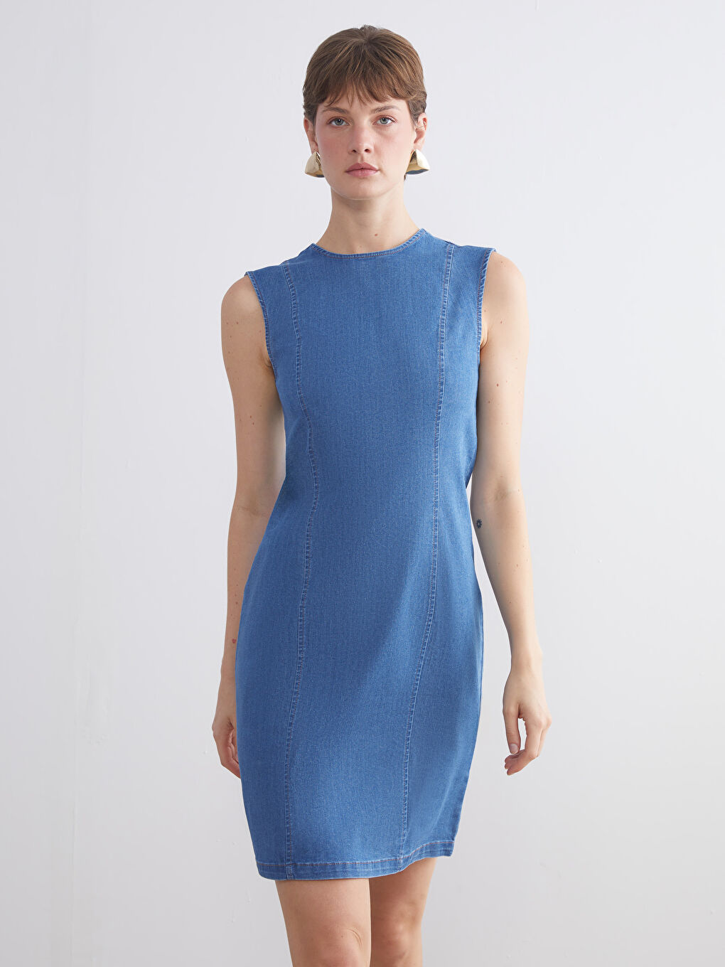 İndigo Bisiklet Yaka Jean Elbise-3
