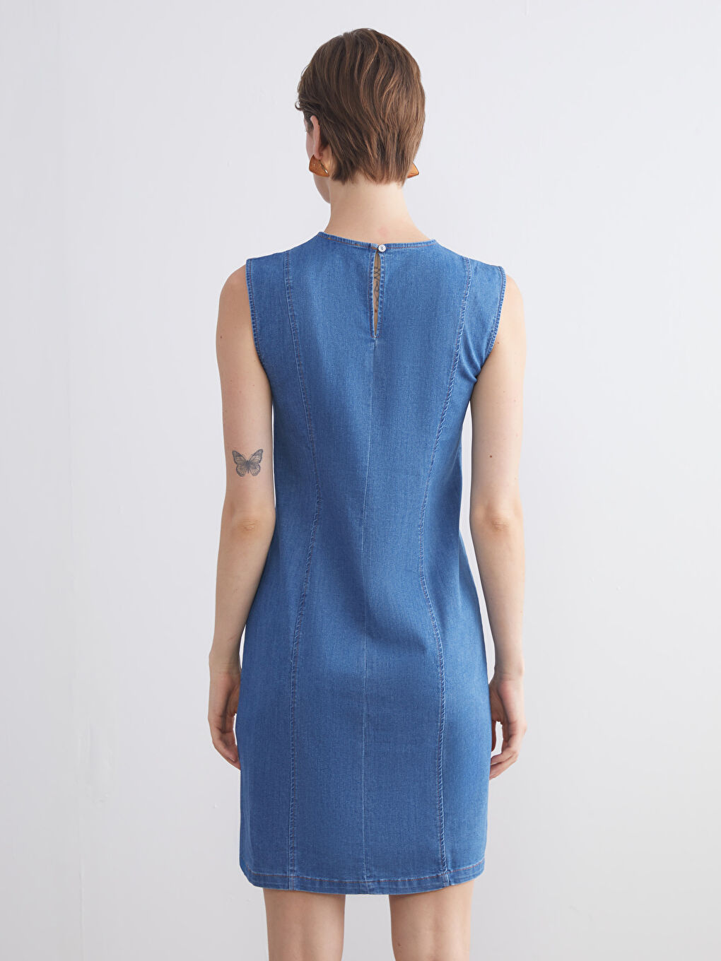 İndigo Bisiklet Yaka Jean Elbise-5