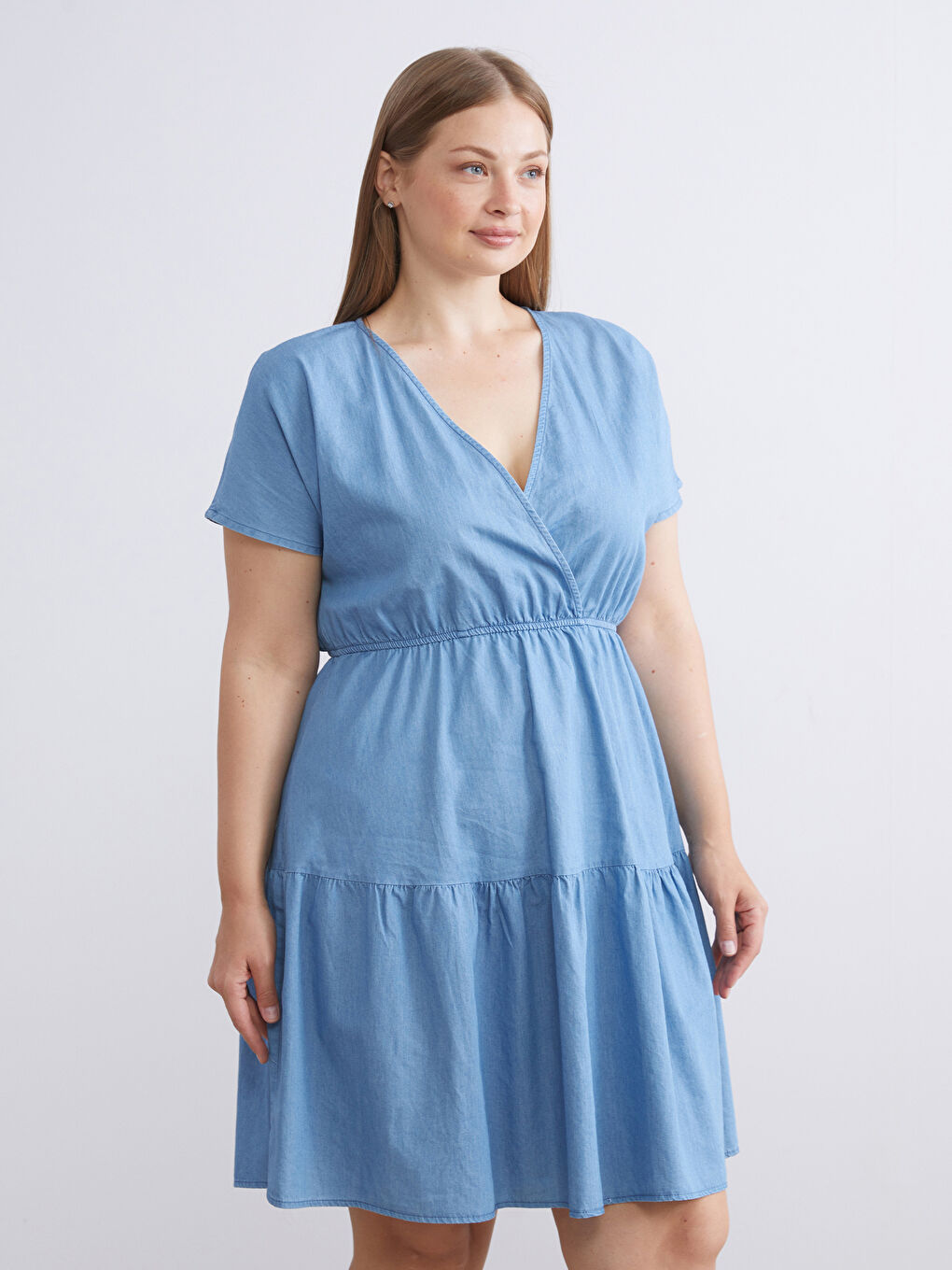 İndigo Kruvaze Yaka Katkat Jean Elbise-5