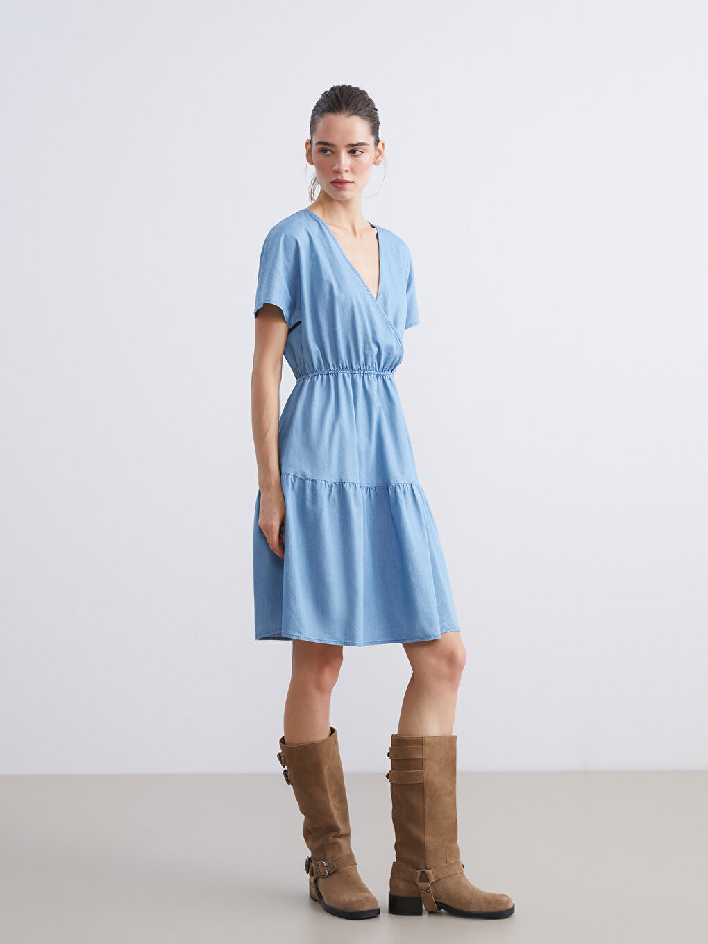 İndigo Kruvaze Yaka Katkat Jean Elbise