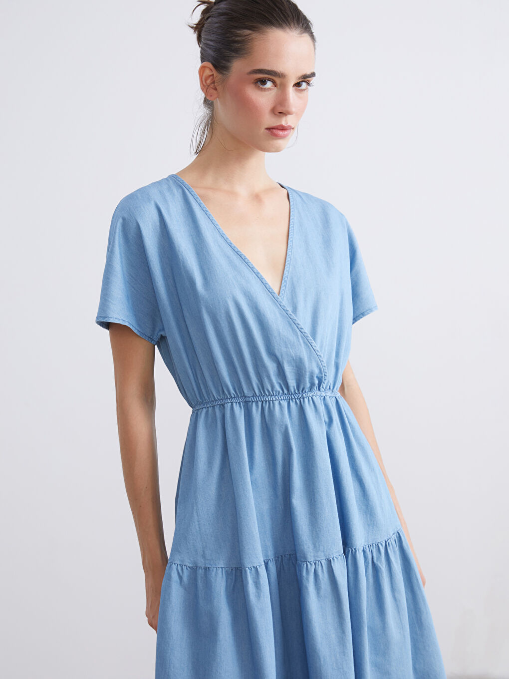 İndigo Kruvaze Yaka Katkat Jean Elbise-2