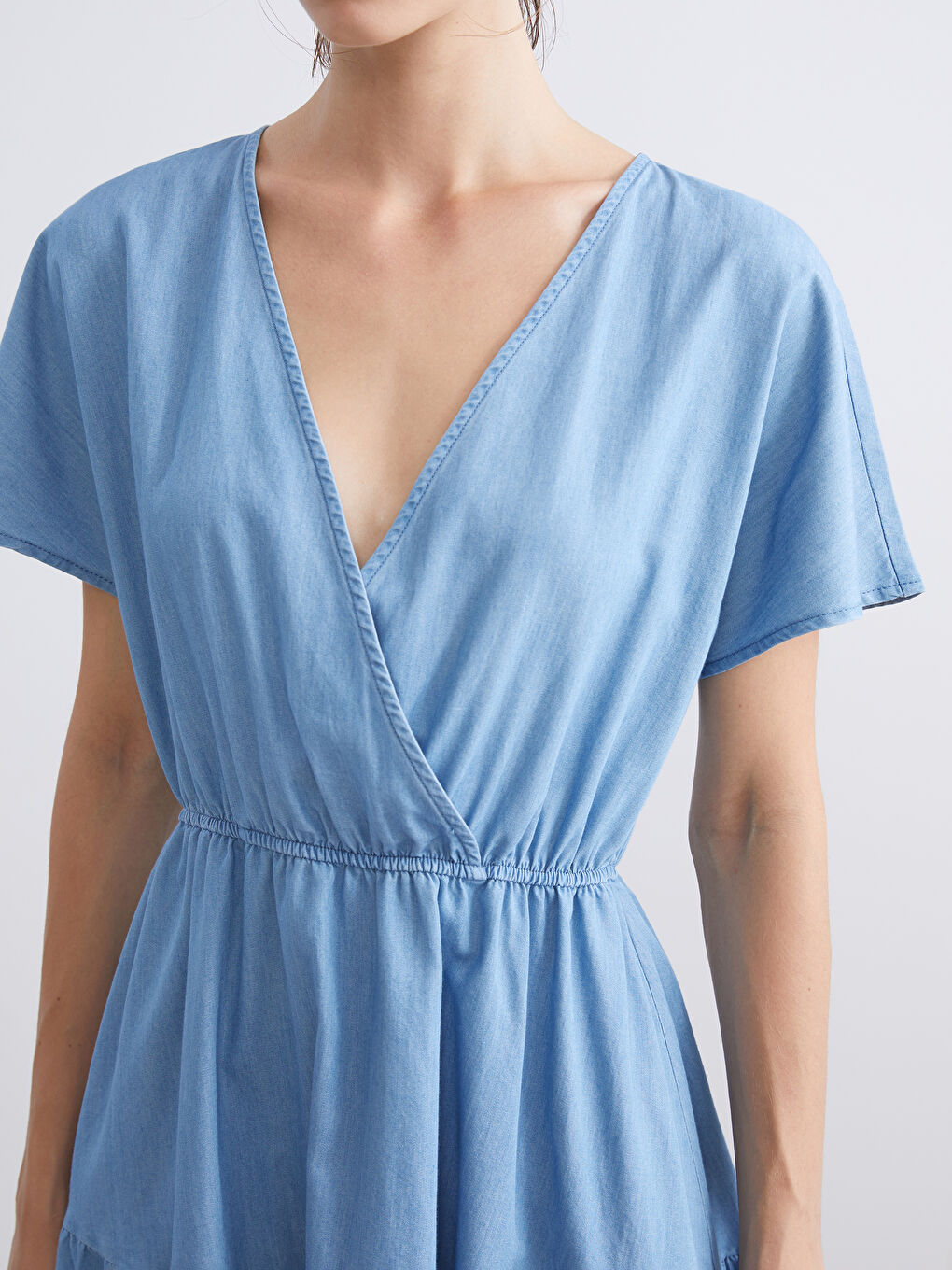 İndigo Kruvaze Yaka Katkat Jean Elbise-3