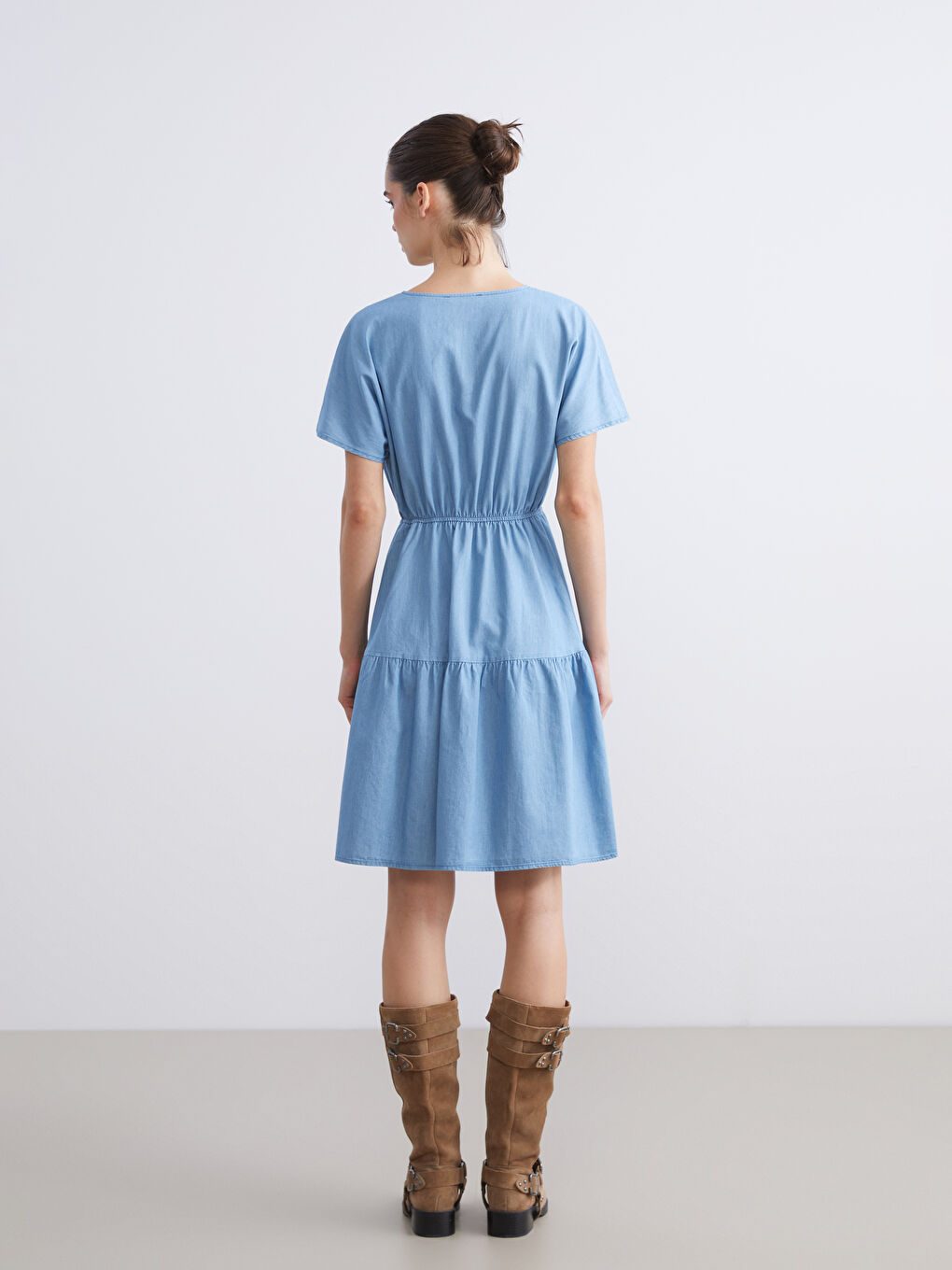 İndigo Kruvaze Yaka Katkat Jean Elbise-4