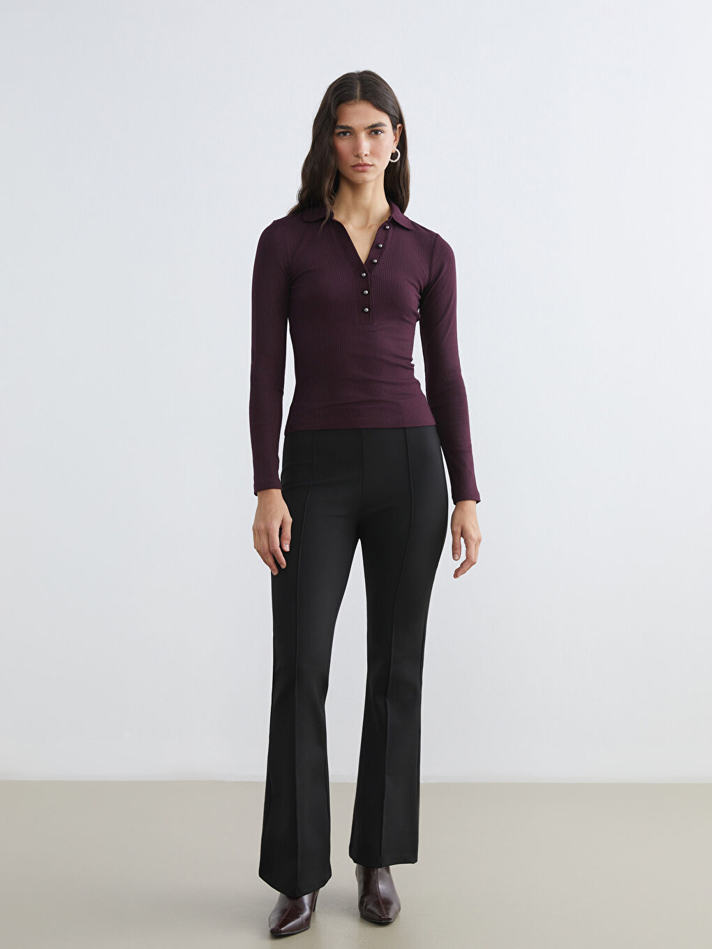 Mürdüm Polo Yaka Modal Karışımlı Kadın Tişört-1