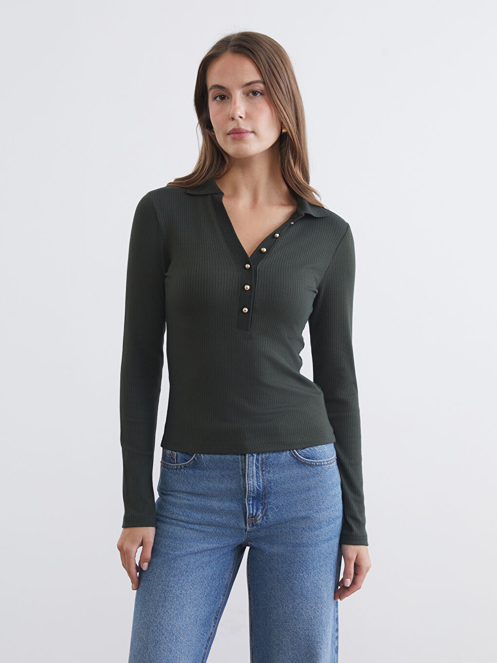 Yeşil Polo Yaka Modal Karışımlı Kadın Tişört