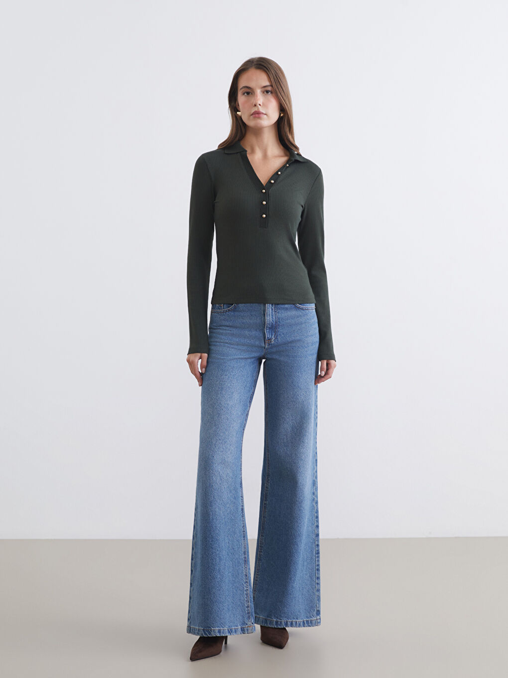 Yeşil Polo Yaka Modal Karışımlı Kadın Tişört-1