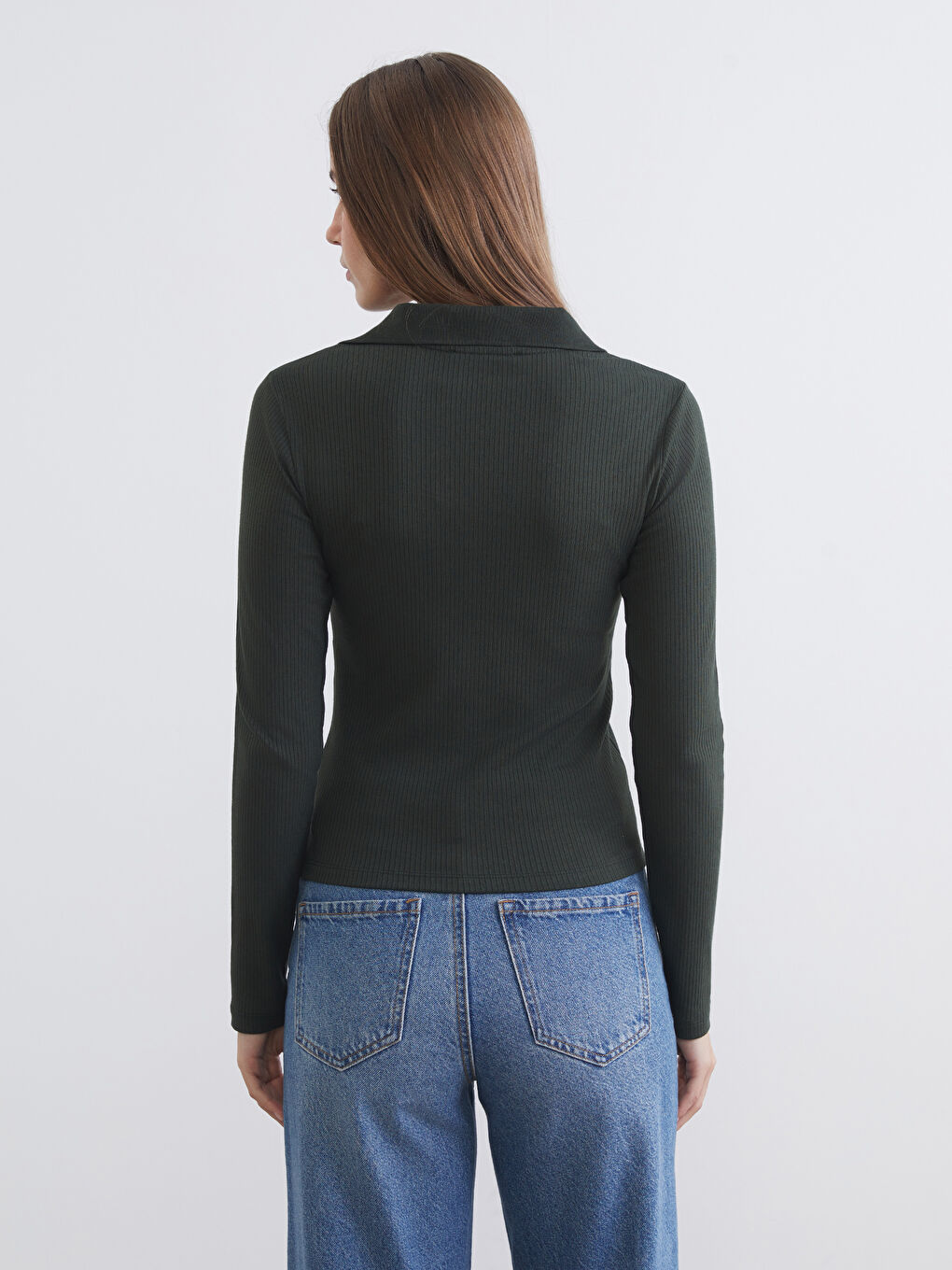 Yeşil Polo Yaka Modal Karışımlı Kadın Tişört-3