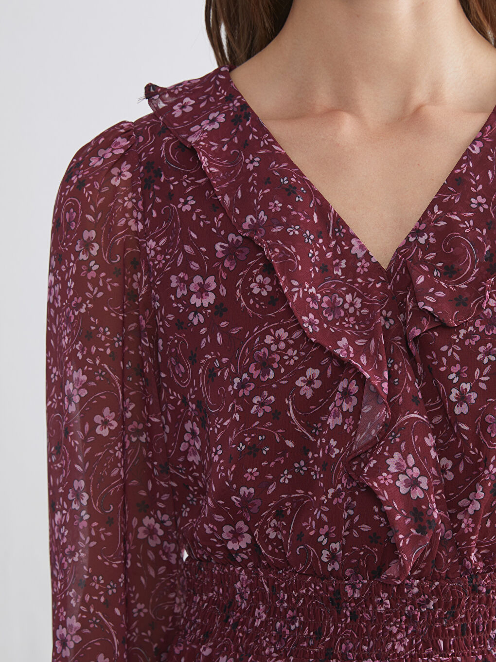 Bordo V Yaka Çiçekli Şifon Belden Oturtmalı Mini Elbise-2