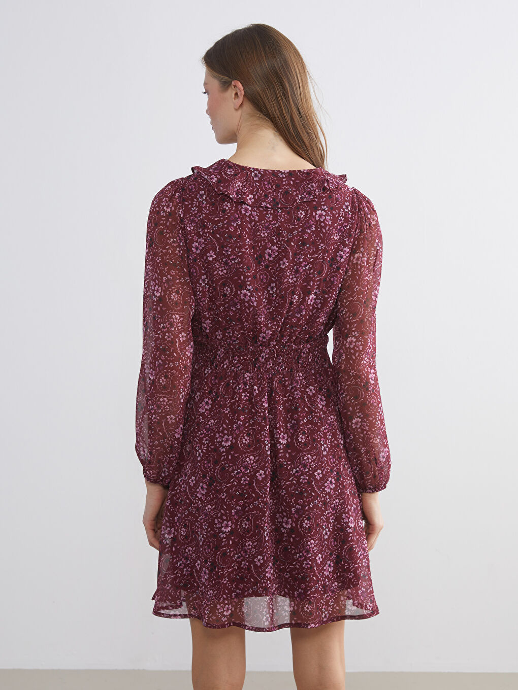 Bordo V Yaka Çiçekli Şifon Belden Oturtmalı Mini Elbise-3