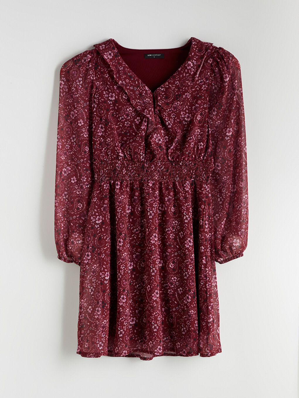 Bordo V Yaka Çiçekli Şifon Belden Oturtmalı Mini Elbise-4