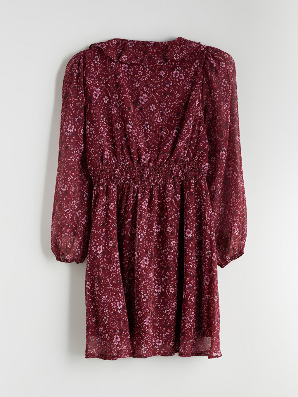 Bordo V Yaka Çiçekli Şifon Belden Oturtmalı Mini Elbise-5