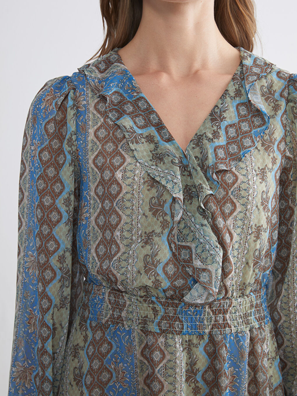 Yeşil V Yaka Çiçekli Şifon Belden Oturtmalı Mini Elbise-2