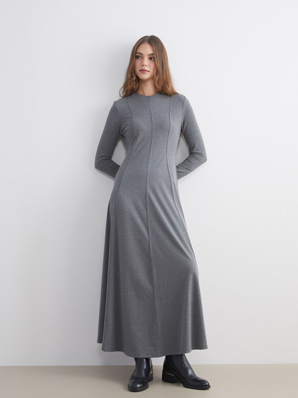 Gri Bisiklet Yaka A Kesim Elbise