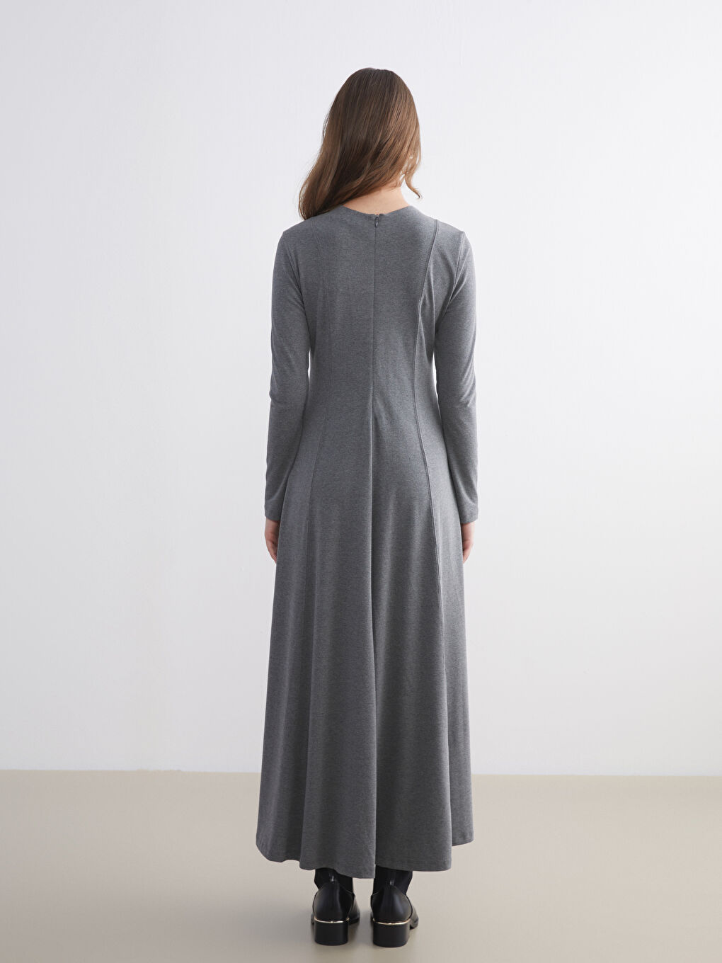 Gri Bisiklet Yaka A Kesim Elbise-3