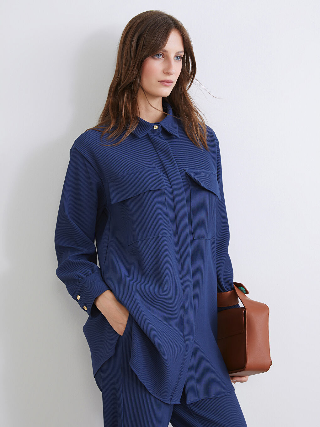 Lacivert Dokulu Oversize Kadın Gömlek Tunik