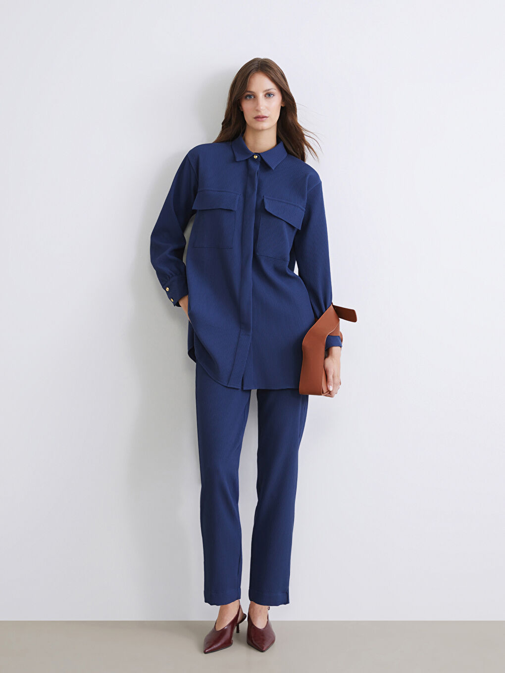 Lacivert Dokulu Oversize Kadın Gömlek Tunik-1