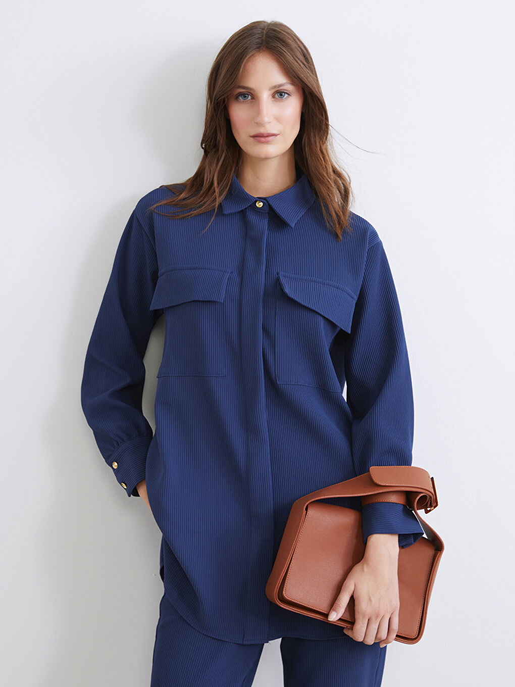 Lacivert Dokulu Oversize Kadın Gömlek Tunik-4