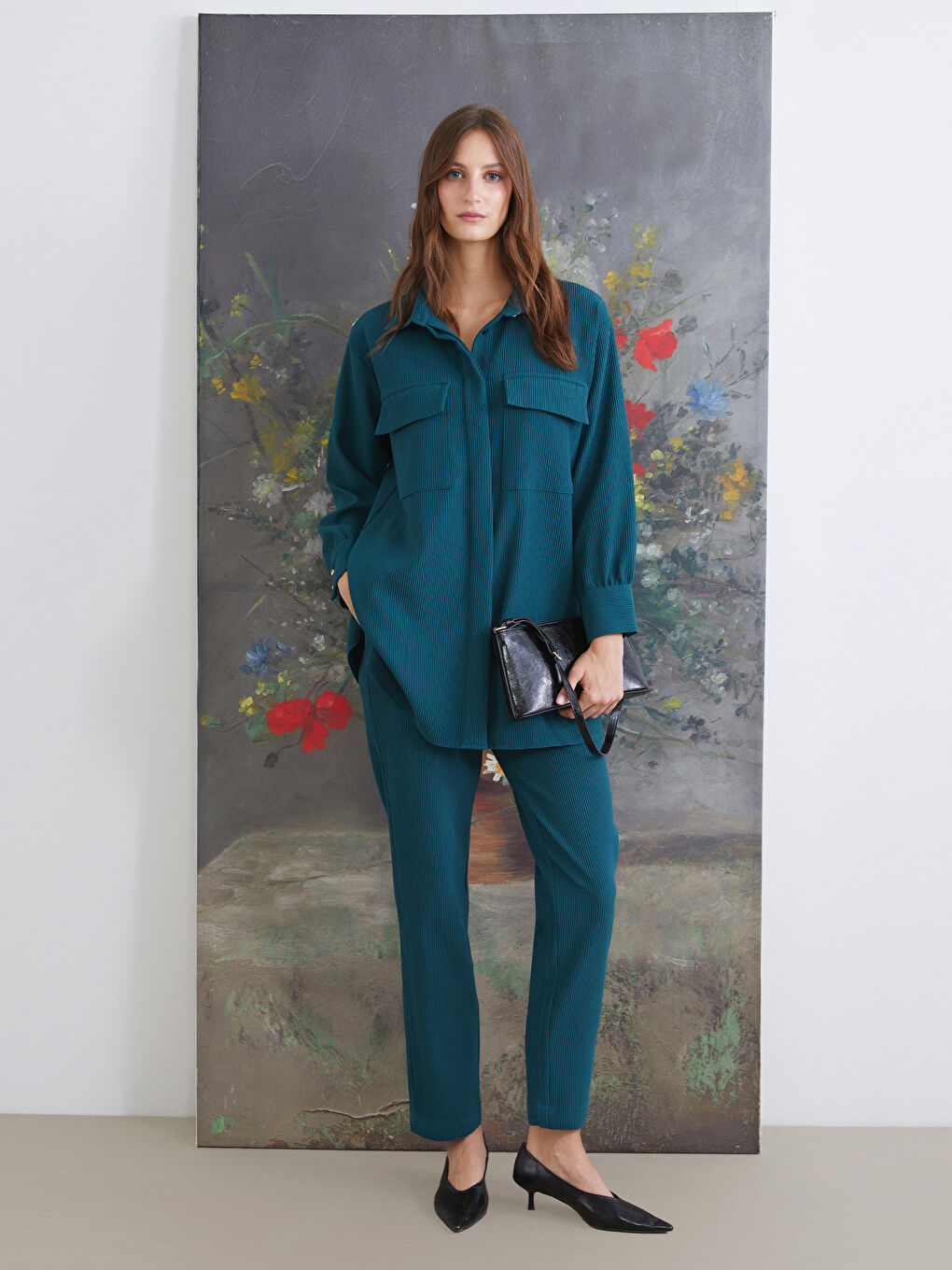 Petrol Dokulu Oversize Kadın Gömlek Tunik-1