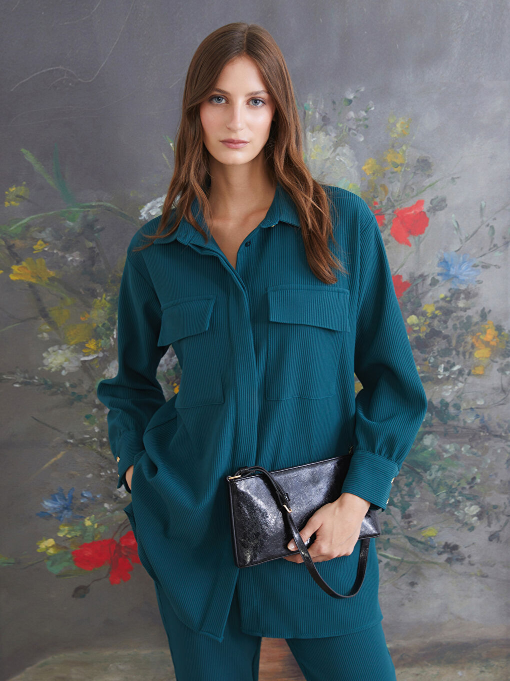 Petrol Dokulu Oversize Kadın Gömlek Tunik-4