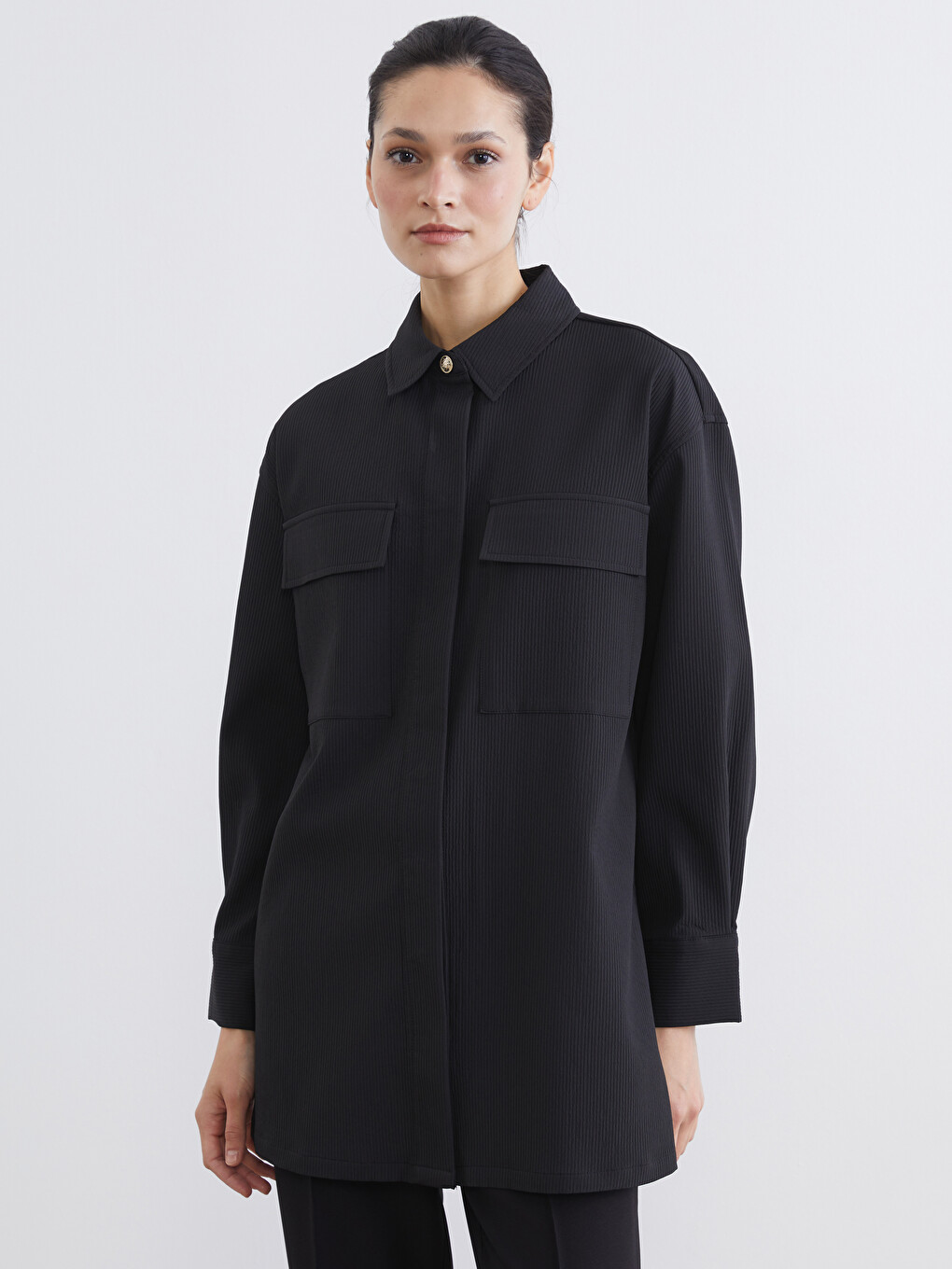 Siyah Dokulu Oversize Kadın Gömlek Tunik
