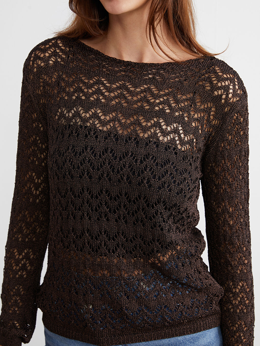 Kahverengi Kayık Yaka Ajurlu Kadın Triko Kazak-2