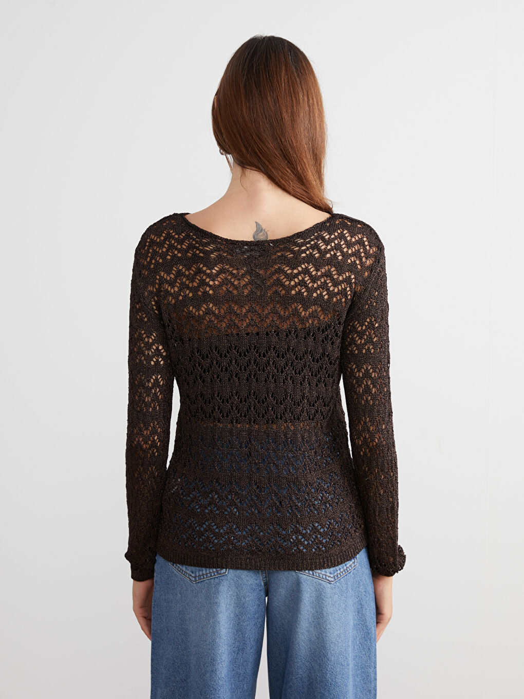 Kahverengi Kayık Yaka Ajurlu Kadın Triko Kazak-3