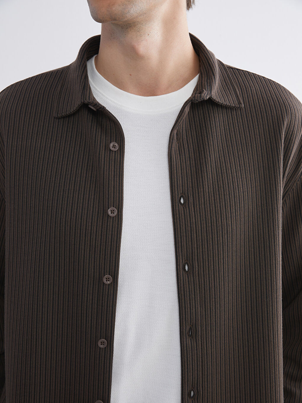 Kahverengi Rahat Kalıp Uzun Kollu Erkek Gömlek-2